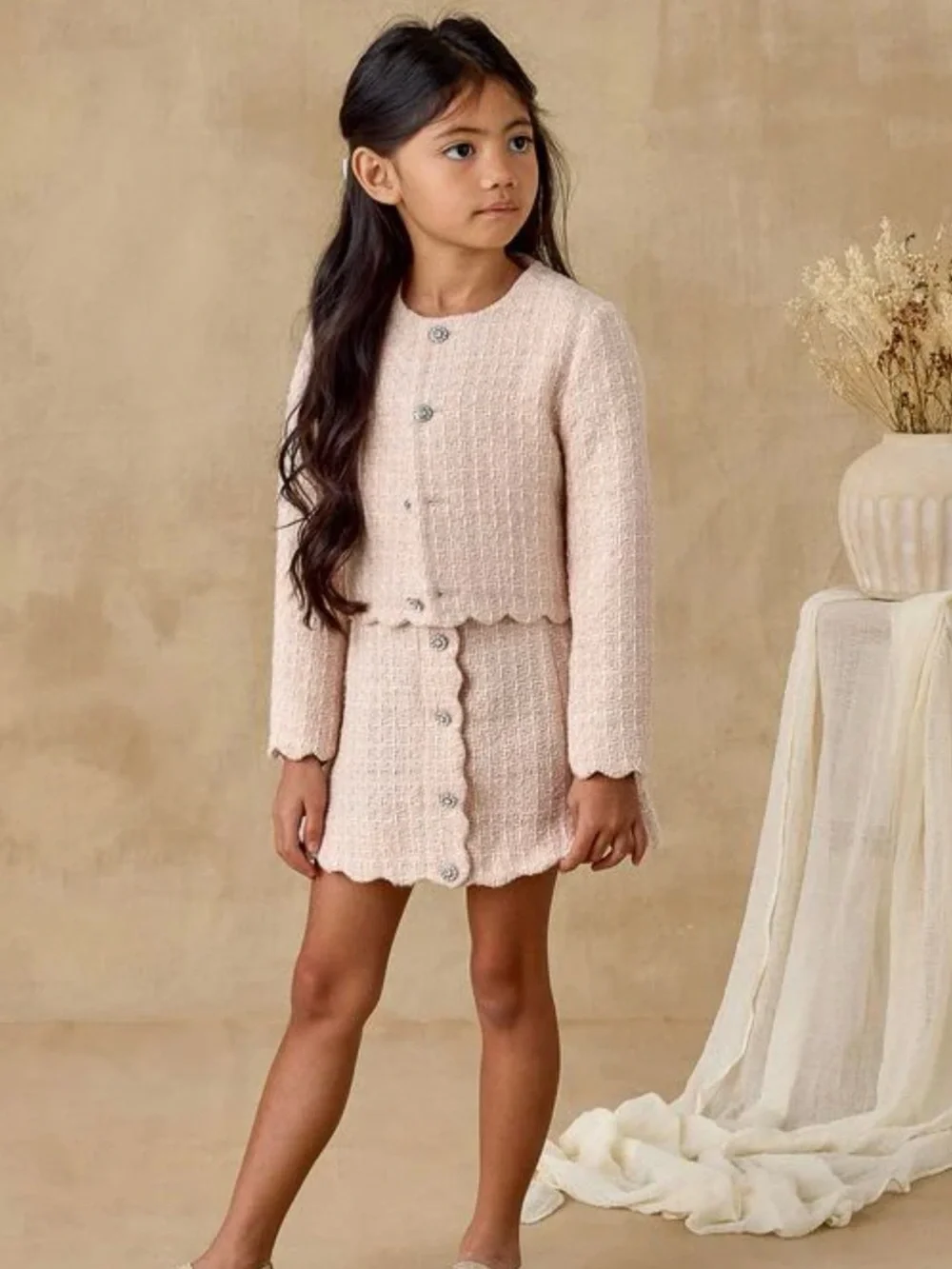 Girls Pale Pink Knit Matching Set - Jacket & Skirt